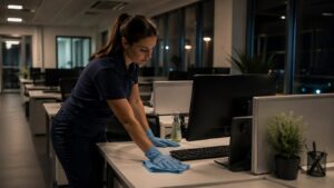 Agente BDN Nettoyage désinfectant un poste de travail en open space — nettoyage de bureaux à Cergy, Val-d'Oise