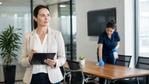 Contrôle qualité par un gestionnaire de syndic dans un hall d'immeuble — BDN Nettoyage