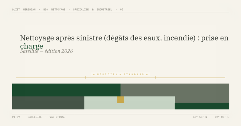 Nettoyage après sinistre (dégâts des eaux, incendie) : prise en charge — illustration éditoriale BDN Nettoyage, Val d'Oise