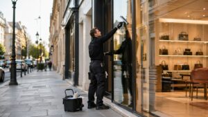 Vitrerie en hauteur Argenteuil — agent BDN nettoyant une façade vitrée commerciale au raclette
