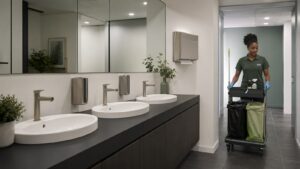 Sanitaires d'entreprise haut de gamme fraîchement nettoyés en Val d'Oise — opératrice BDN range son chariot d'entretien après protocole complet désinfection