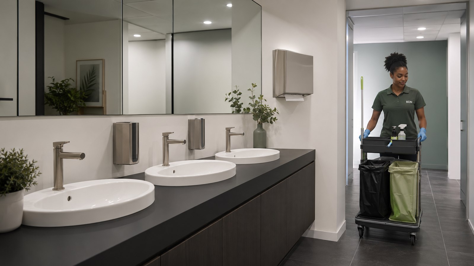 Sanitaires d'entreprise haut de gamme fraîchement nettoyés en Val d'Oise — opératrice BDN range son chariot d'entretien après protocole complet désinfection