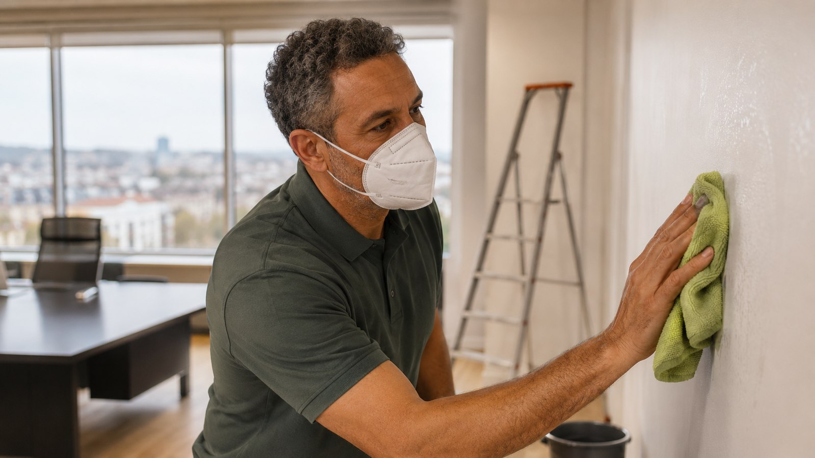 Operateur BDN lessive un mur freshly painted dans un bureau de direction PME Val d'Oise — masque FFP2, microfibre verte, finition de chantier exigeante