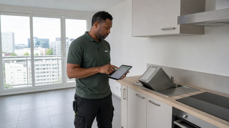 Remise en état locative à Cergy : opérateur BDN Nettoyage en train de contrôler une cuisine fraîchement nettoyée avec hotte démontée — protocole sortie de bail Val d'Oise