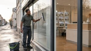 Operateur BDN Nettoyage en train de nettoyer la vitrine exterieure d'une agence immobiliere a Argenteuil avec raclette professionnelle et eau osmosée