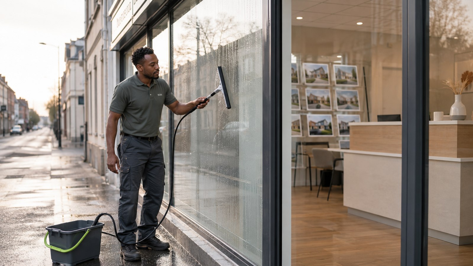 Operateur BDN Nettoyage en train de nettoyer la vitrine exterieure d'une agence immobiliere a Argenteuil avec raclette professionnelle et eau osmosée