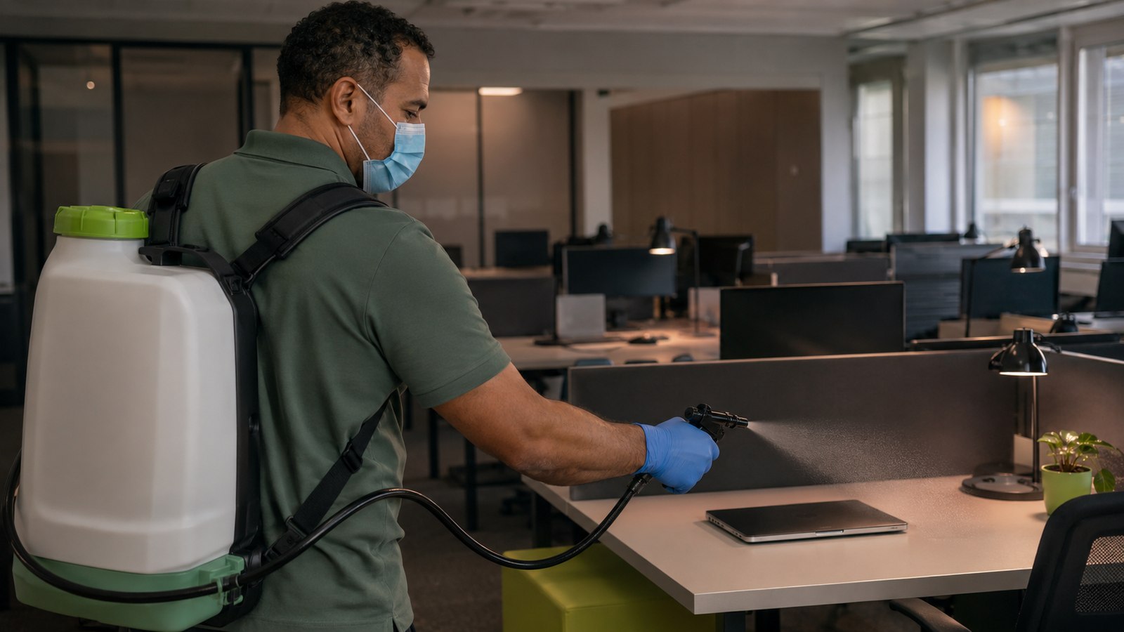Désinfection professionnelle de bureaux en Val d'Oise : opérateur BDN Nettoyage avec pulvérisateur dorsal en intervention sur open space PME hors heures ouvrables (virucide EN 14476)