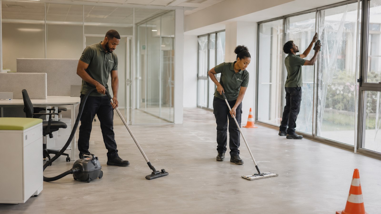 Equipe BDN 3 operateurs en nettoyage post-chantier sur plateau bureaux PME Val d'Oise — aspirateur Numatic, lessivage sols PVC, vitres en film protecteur