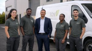 Equipe BDN Nettoyage en uniforme polo sage devant un utilitaire blanc BDN — entreprise familiale propreté Val d'Oise filiale du groupe So Sweet Life depuis 2021
