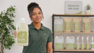 Operatrice BDN presente un eco-produit Ecolabel recharge — demarche RSE 2026 : produits biodegradables, etagere recharges, engagement durable concret