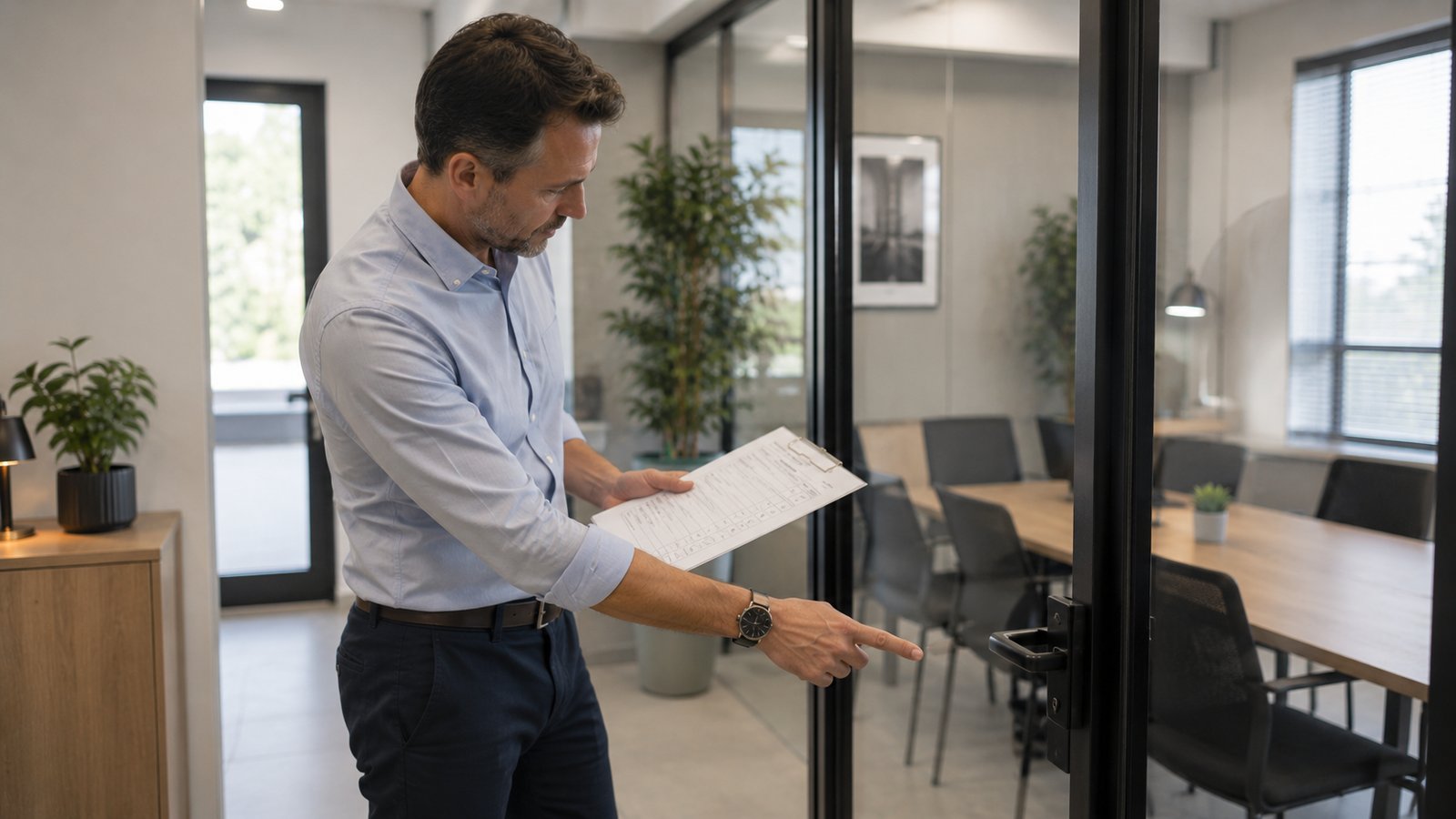 Dirigeant PME inspectant la qualité d'entretien d'une cloison vitrée de salle de réunion — contrôle des signaux de baisse de qualité prestataire