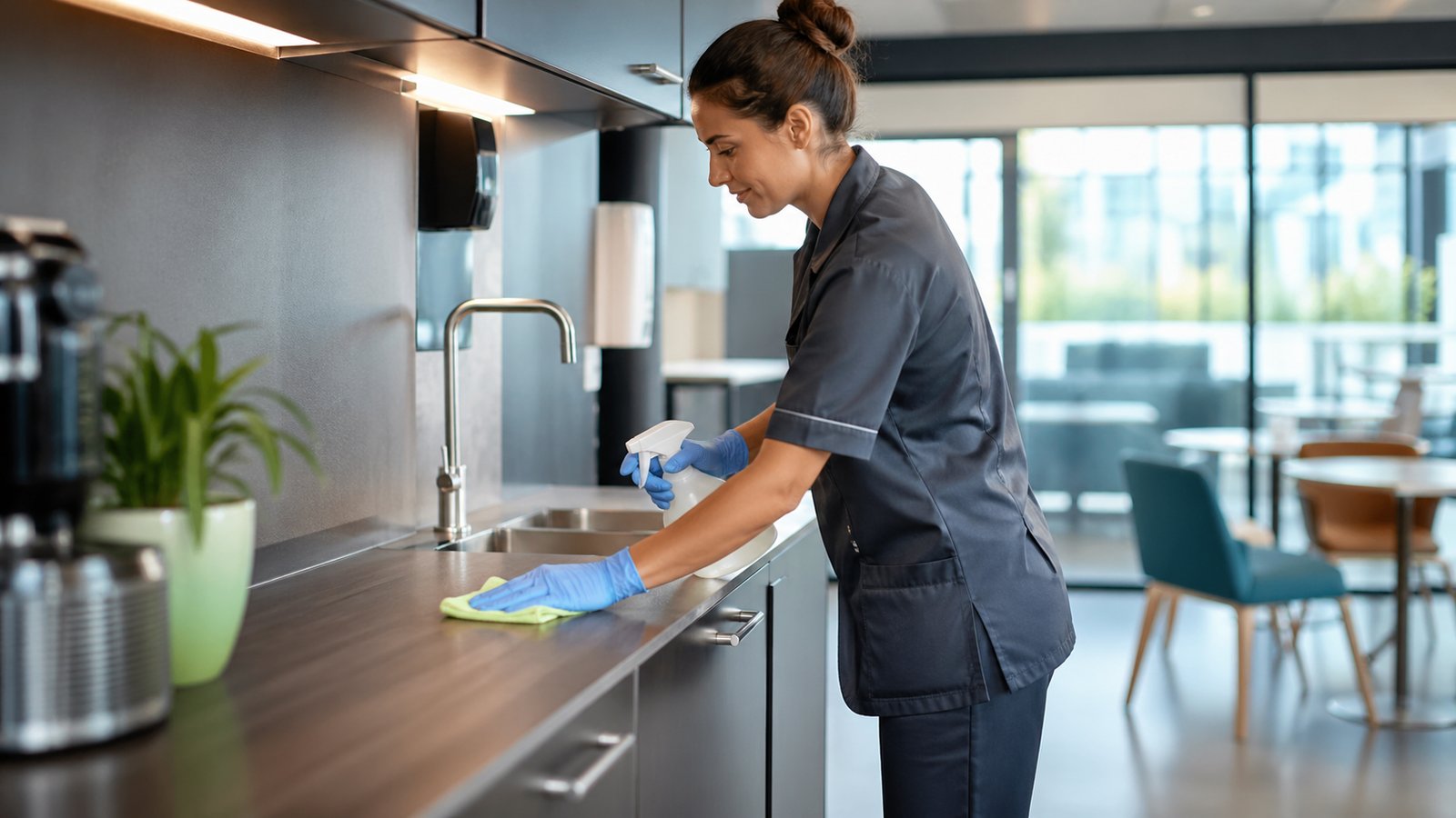 Espace cuisine de bureau parfaitement entretenu — exigence BDN sur les zones de pause