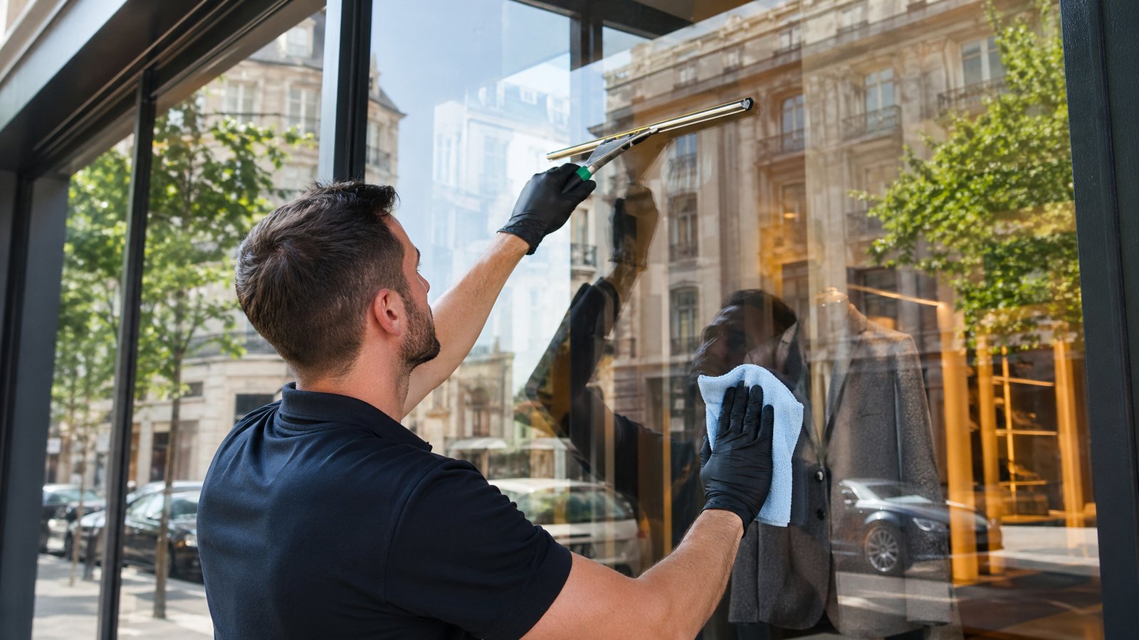 Vitrier professionnel essuyant une vitrine — soin minutieux des bureaux Val d'Oise par BDN
