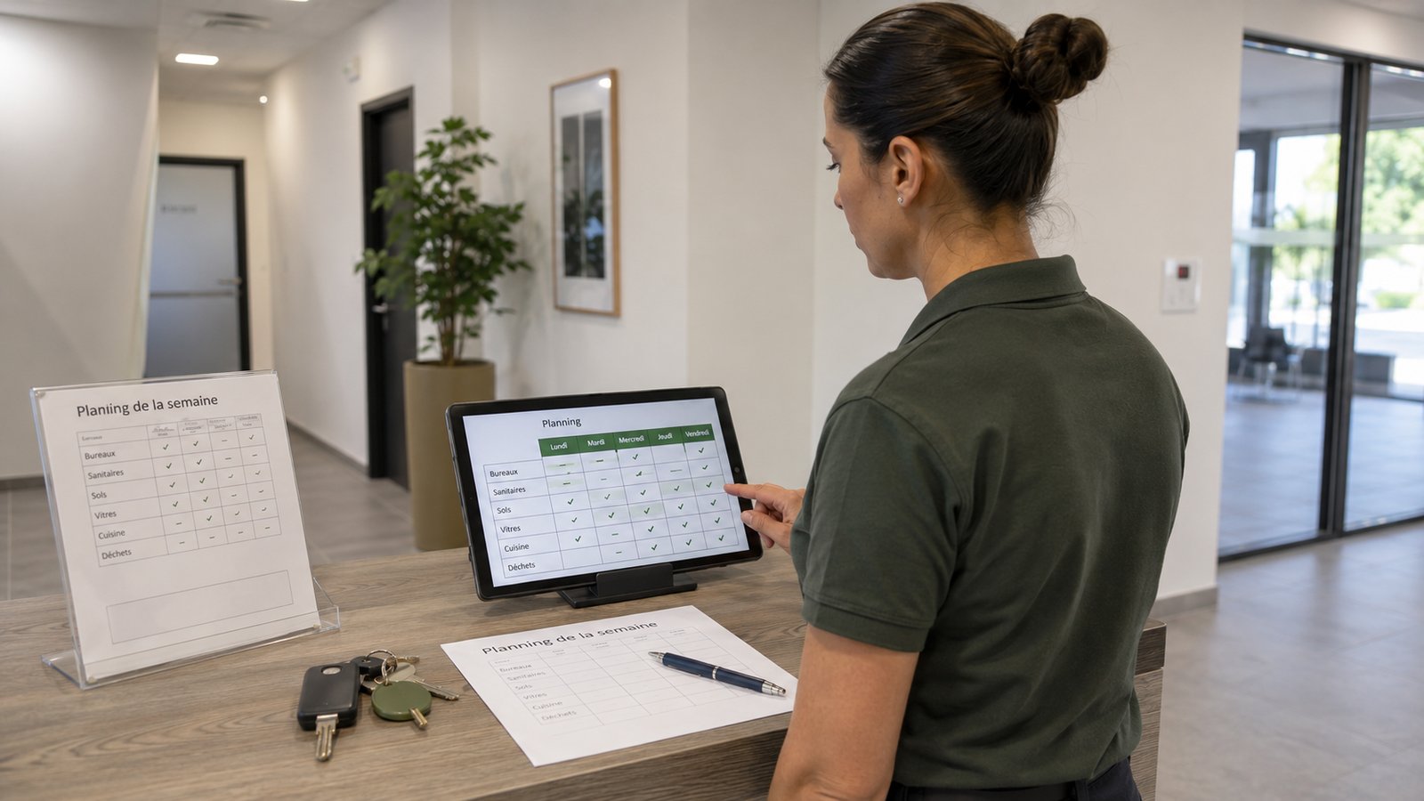 Agente BDN consulte le planning hebdomadaire de prestations sur tablette dans un hall d'accueil bureau — organisation rigoureuse des passages PME Val d'Oise