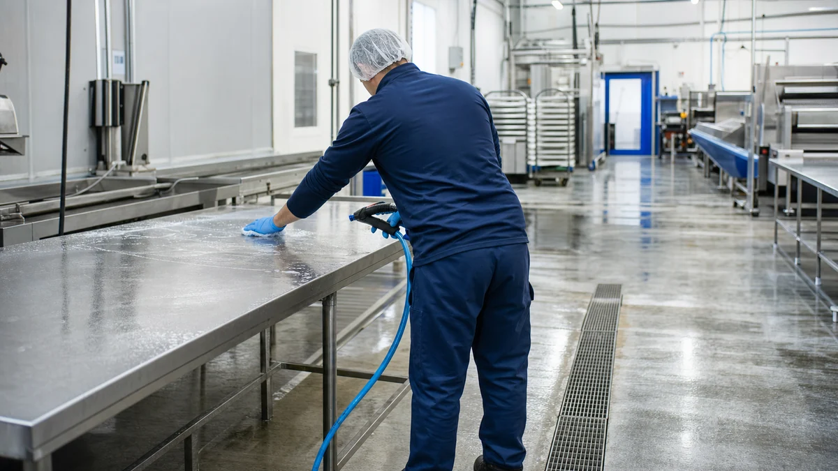 Désinfection d'un plan de travail inox en cuisine professionnelle — BDN Nettoyage, Val-d'Oise (95)