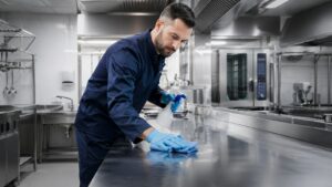 Bionettoyage d’une cuisine centrale professionnelle : désinfection des plans de travail inox selon les règles HACCP