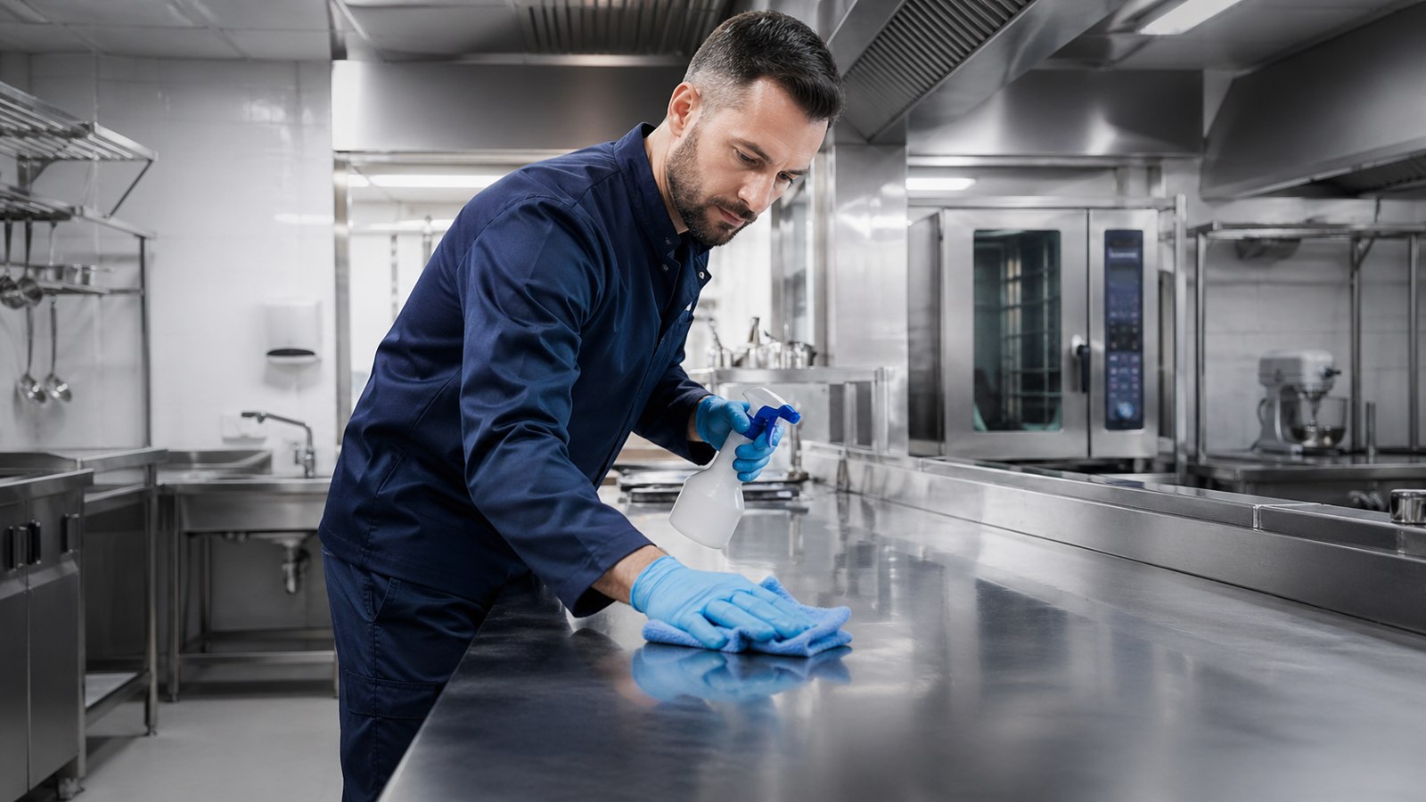 Bionettoyage d’une cuisine centrale professionnelle : désinfection des plans de travail inox selon les règles HACCP
