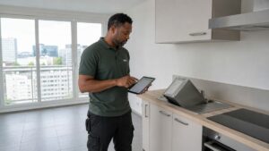 Agent d'entretien BDN nettoyant une cuisine et un coin repas d'entreprise