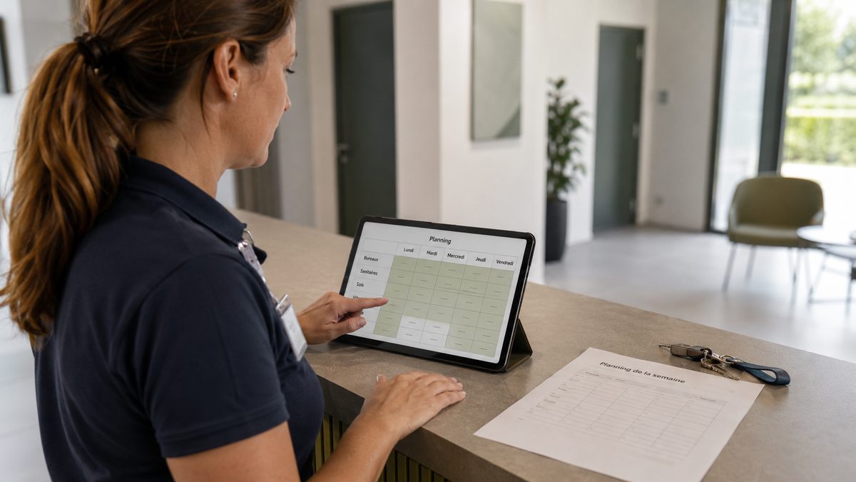 Agente d'entretien consultant le planning de passage sur une tablette à l'accueil de bureaux — nettoyage de bureaux à Herblay-sur-Seine (95) — illustration générée par IA